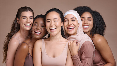 Buy stock photo Happy, portrait and women with diversity and beauty, friends together and inclusion, pride in different skin and studio background. Skincare, glow and empowerment with multicultural models.