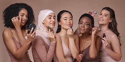 Buy stock photo Diversity, makeup and woman portrait with beauty skincare, cosmetics and wellness product. Skin glow, smile and cosmetic products of women models together with happiness from luxury cosmetology