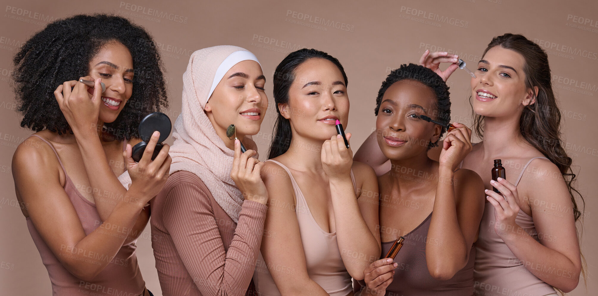 Buy stock photo Diversity, makeup and woman portrait with beauty skincare, cosmetics and wellness product. Skin glow, smile and cosmetic products of women models together with happiness from luxury cosmetology