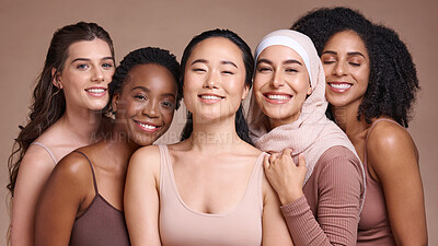 Buy stock photo Support, diversity and women smile for skincare, beauty and empowerment against a studio background. Makeup, solidarity and face portrait of cosmetic model friends with happiness for cosmetics