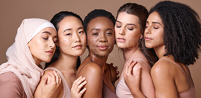 Buy stock photo Face portrait, diversity and beauty of women in studio isolated on a brown background. Makeup cosmetics, skincare and group of female models with healthy or glowing skin after spa facial treatment.