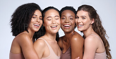 Buy stock photo Face portrait, beauty and group of women in studio on gray background. Natural cosmetics, skincare and diversity of happy female models, friends or girls in makeup posing for self love or empowerment