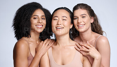 Buy stock photo Beauty, women and diversity for skincare, cosmetics and makeup advertising while together with a smile and happiness for freedom, self love and glow. Face of female group with different skin color