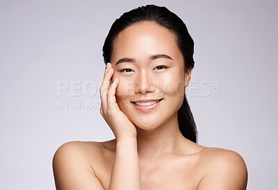 Buy stock photo Skincare beauty, woman and smile for portrait, wellness and cosmetic health by grey backdrop. Asian model, cosmetics girl and radiant skin with smooth glow, makeup and aesthetic by studio background