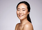 Asian woman, skincare and beauty portrait of a person happy about wellness facial and health. Smile, skin glow and face dermatology of a woman with self love after relax spa treatment and cosmetics