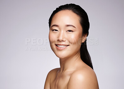 Buy stock photo Asian woman, skincare and beauty portrait of a person happy about wellness facial and health. Smile, skin glow and face dermatology of a woman with self love after relax spa treatment and cosmetics