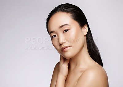 Buy stock photo Skincare, beauty and portrait of woman in Japan with mockup and product placement space. Health, wellness and luxury care for happy woman or model in Asia with beautiful skin on studio background.