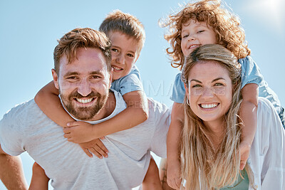 Buy stock photo Happy family, portrait and piggy back in summer sunshine, smile and happy for bonding, relax and freedom. Family, happiness and children with mom, dad and love on holiday adventure with sky in Cancun