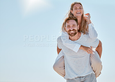 Buy stock photo Couple, piggy back and happy on vacation in summer sunshine for romance, love and bonding outdoor. Man, woman and smile on travel, adventure or holiday for honeymoon, quality time and fun in Cancun