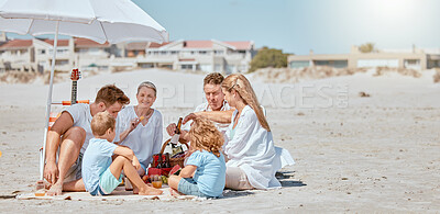 Buy stock photo Beach, umbrella and happy family relax on vacation, summer travel and tropical holiday in sunshine. Big family, ocean and sea sand for calm, peace and love, care and quality time together on picnic