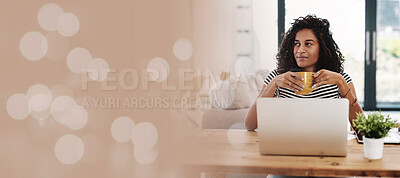 Buy stock photo Laptop, coffee and woman in home office with bokeh, small business and remote work for freelancer on lunch break. Thinking, ideas and happy woman freelance worker at desk in office in living room.