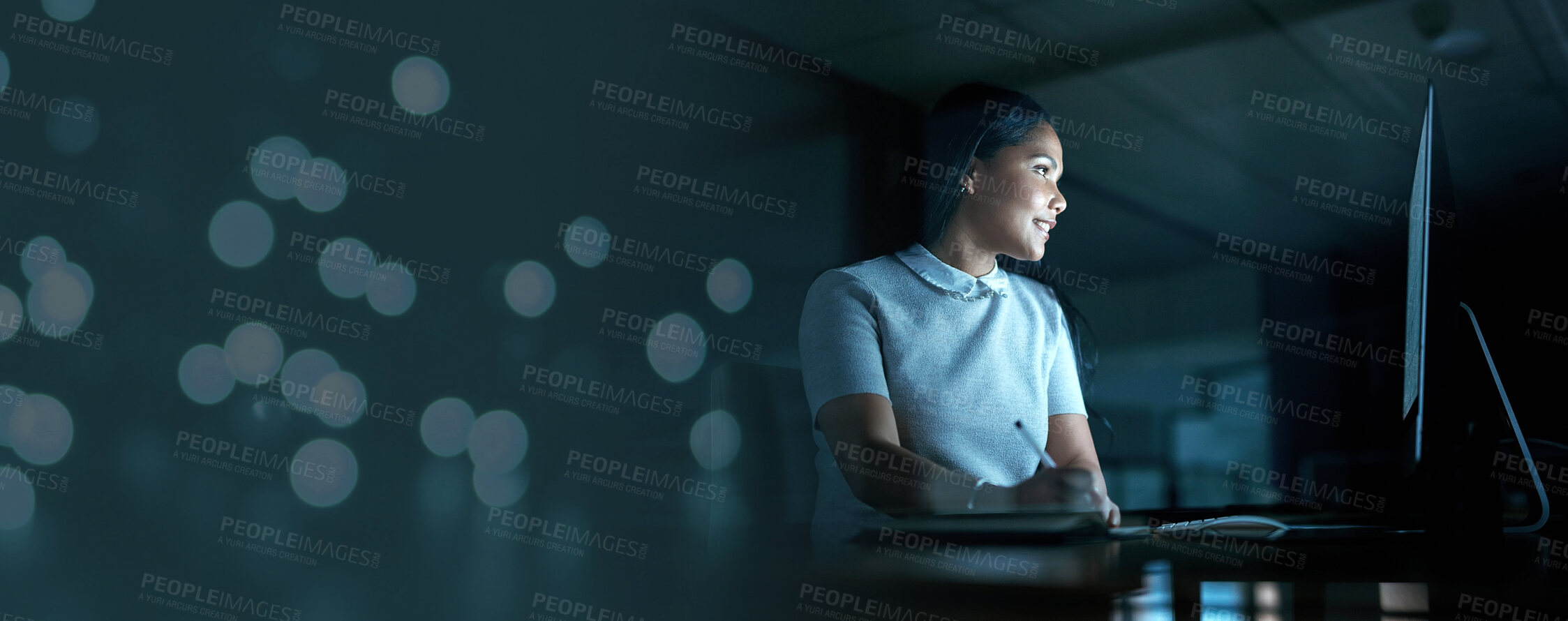 Buy stock photo Mockup, night and overtime with a business woman at work on a deadline in a marketing office for advertising. Computer, design or dedication with a female employee working on a project in the evening