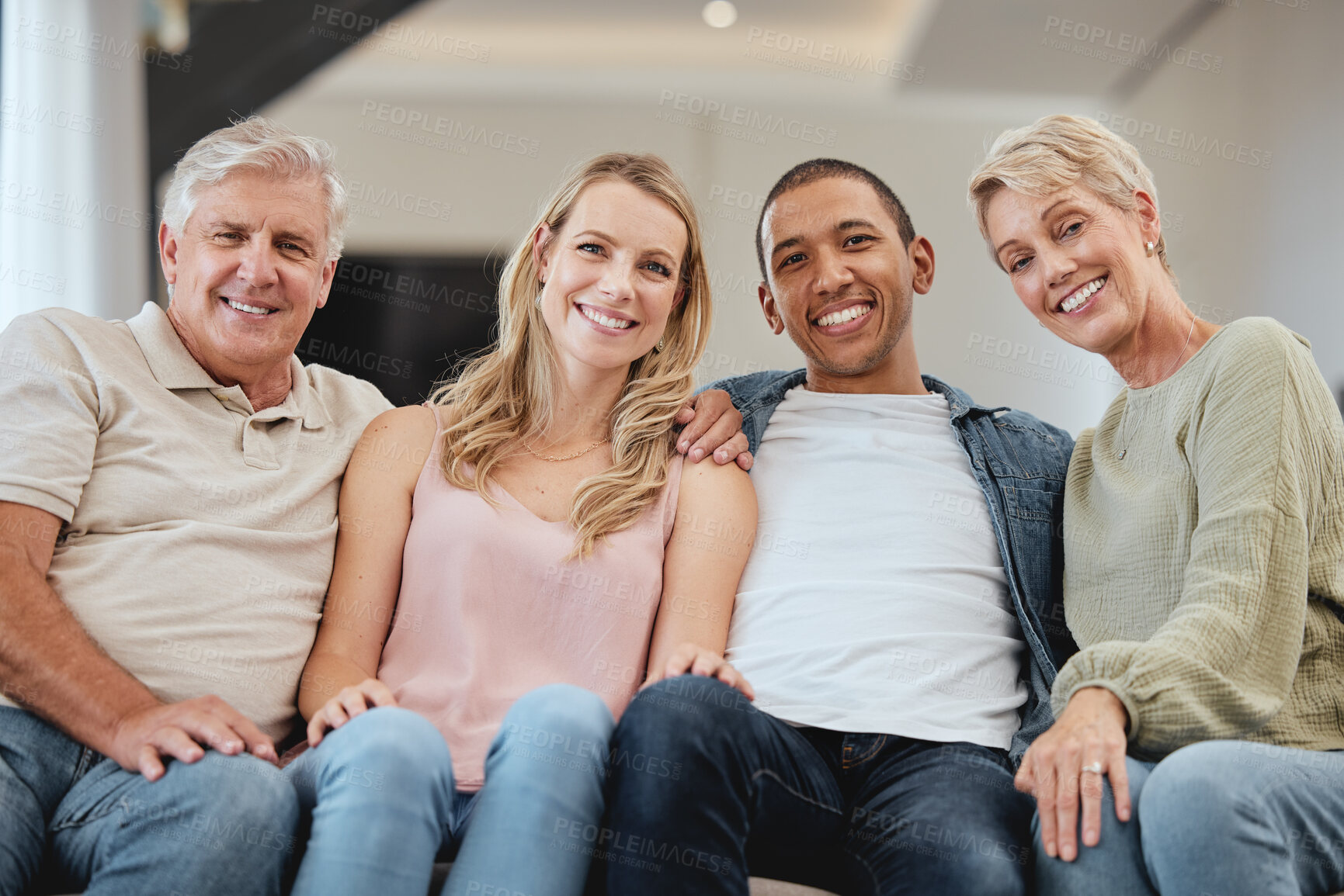 Buy stock photo Family, portrait and relax in living room home, bonding and having fun. Interracial love, diversity and care of happy grandparents, man and woman, smiling and enjoying quality time together in house.