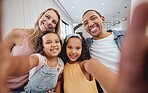 Family selfie, bonding and children with parents, cheerful and playful smile on the living room sofa. Quality time, happy photo and girl kids with interracial mother and father for a home memory