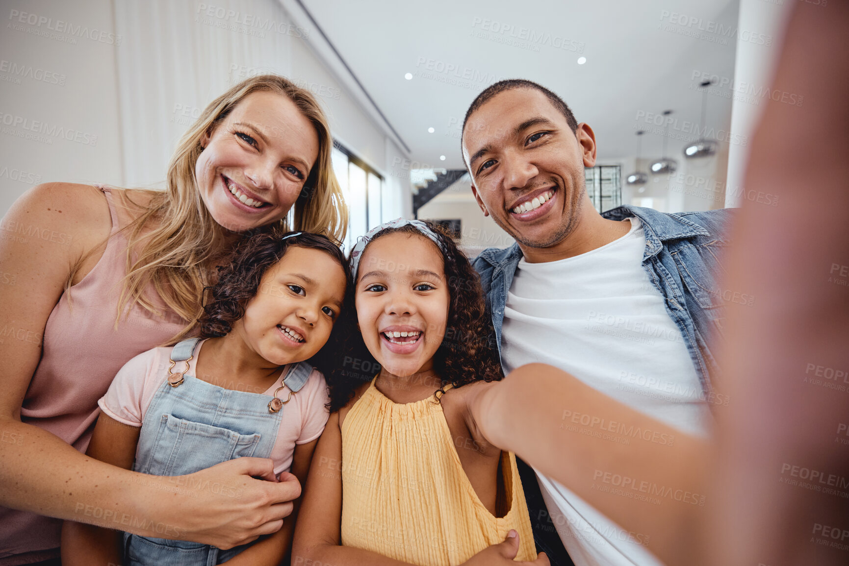 Buy stock photo Happy interracial family, selfie and kids in family home, smile or bonding for social media app. Happy family portrait, digital picture or happiness with love, mom and dad for hug at house in Miami