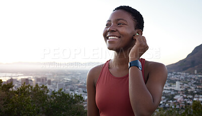 Buy stock photo Fitness, headphones or black woman in nature to start running exercise, cardio workout or marathon training. Sunset, earbuds or happy African girl streaming radio music, podcast or audio playlist 