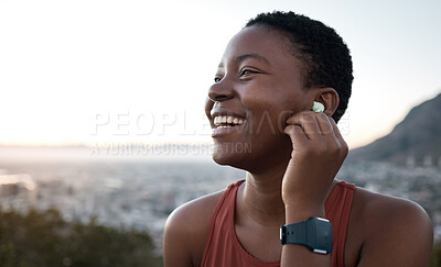 Buy stock photo Black woman, laughing face or fitness earphones in sunset workout, healthcare training or cardiovascular exercise in sunrise wellness. Zoom, happy smile or sports runner listening to motivation music