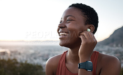 Buy stock photo Black woman, laughing face or fitness earphones in sunset workout, healthcare training or cardiovascular exercise in sunrise wellness. Zoom, happy smile or sports runner listening to motivation music