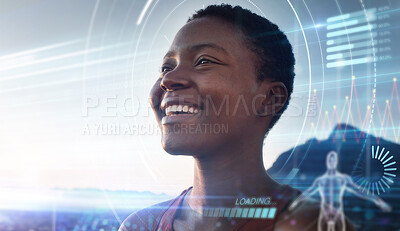 Buy stock photo Black woman, fitness and smile for healthy wellness, workout or hiking on digital double exposure in nature. Active African American woman smiling for exercise, sports or track monitoring on overlay
