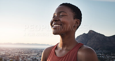 Buy stock photo Black woman, fitness and smile for mountain hiking, workout or exercise in nature outdoors. Happy African American woman smiling for healthy cardio training, trekking or spiritual wellness on mockup