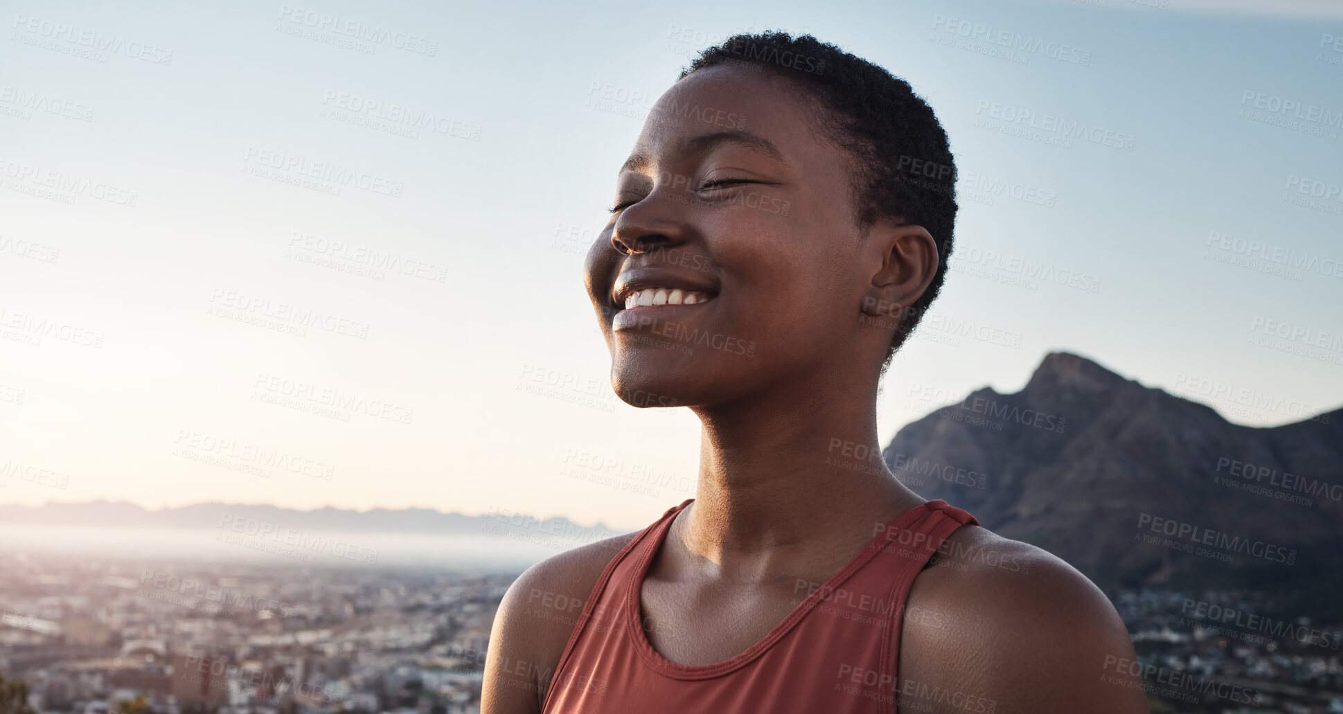 Buy stock photo Black woman, fitness and smile for mountain hiking, workout or exercise in nature outdoors. Happy African American woman smiling for healthy cardio training, trekking or spiritual wellness on mockup