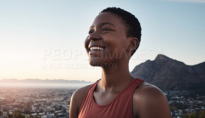 Buy stock photo Mountains, fitness and black woman smile for training success, wellness goals and outdoor achievement on blue sky mockup. Morning runner, sports or athlete in nature with cityscape for mental health