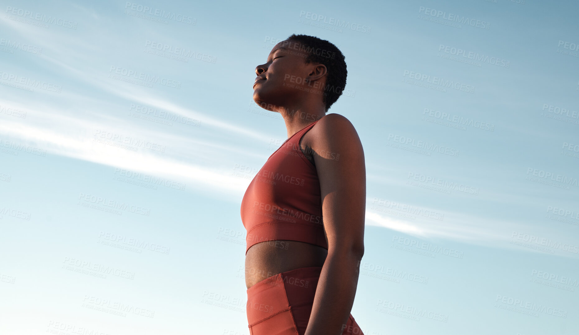 Buy stock photo Fitness, meditation and woman on blue sky to breathe fresh air, freedom and energy to exercise, workout and do yoga or cardio training outdoor in nature. Black female take breath for mental health