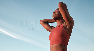 Buy stock photo Freedom, fitness and black woman in nature for running, sports training and relax against a blue sky in South Africa. Wellness, peace and calm African runner with zen from an outdoor cardio workout