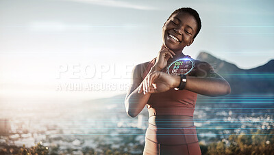 Buy stock photo Fitness, black woman and checking digital watch for heart rate, pulse or cardio performance in nature. African woman monitoring hologram, futuristic or 3d watch after exercise or workout in the city