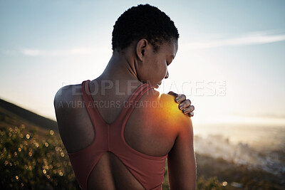 Buy stock photo Fitness injury, black woman and exercise outdoor with shoulder pain overlay, glow and city view. Athlete, wellness and workout accident, muscle ache and inflammation with health and runner in Kenya.