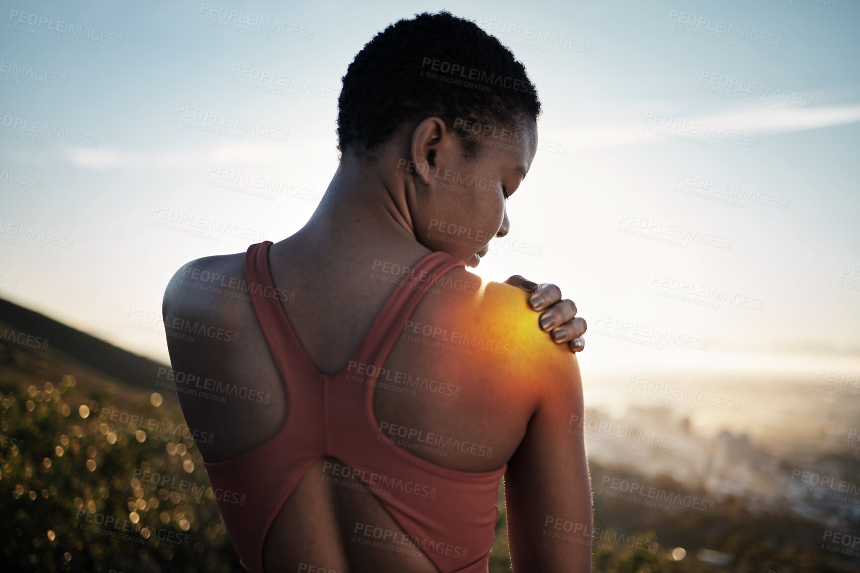 Buy stock photo Fitness injury, black woman and exercise outdoor with shoulder pain overlay, glow and city view. Athlete, wellness and workout accident, muscle ache and inflammation with health and runner in Kenya.