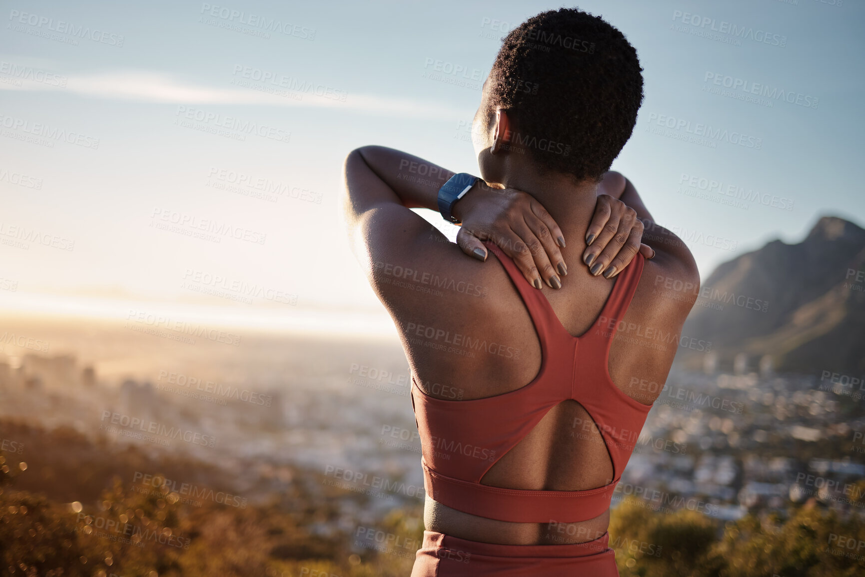 Buy stock photo Black woman, stretching and fitness on mountain for relax training, cardio workout or runner freedom outdoor. African woman, athlete warm up and stretch arms, back and focus in nature for sunset