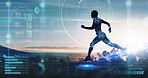 Hologram, running and athlete outdoor, health and wellness for exercise, healthy lifestyle or track heart rate. Male, sports or runner with digital sports, motivation for marathon or fitness training