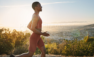Buy stock photo Fitness, sunset and profile of running black woman training for USA marathon race, cardio workout or body health goals. Blue sky flare, nature and runner exercise in Los Angeles Hollywood mountains