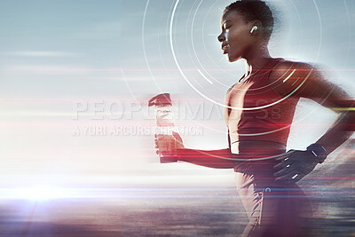 Buy stock photo Black woman, water bottle or running earphones for futuristic motivation, sound waves or energy field. Fitness, sports athlete or runner listening to fitness radio podcast for nature workout training