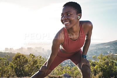 Buy stock photo Black woman, stretching or fitness earphones in nature workout, training or exercise for healthcare wellness or marathon. Smile, sports warm up or happy runner listening to motivation music podcast