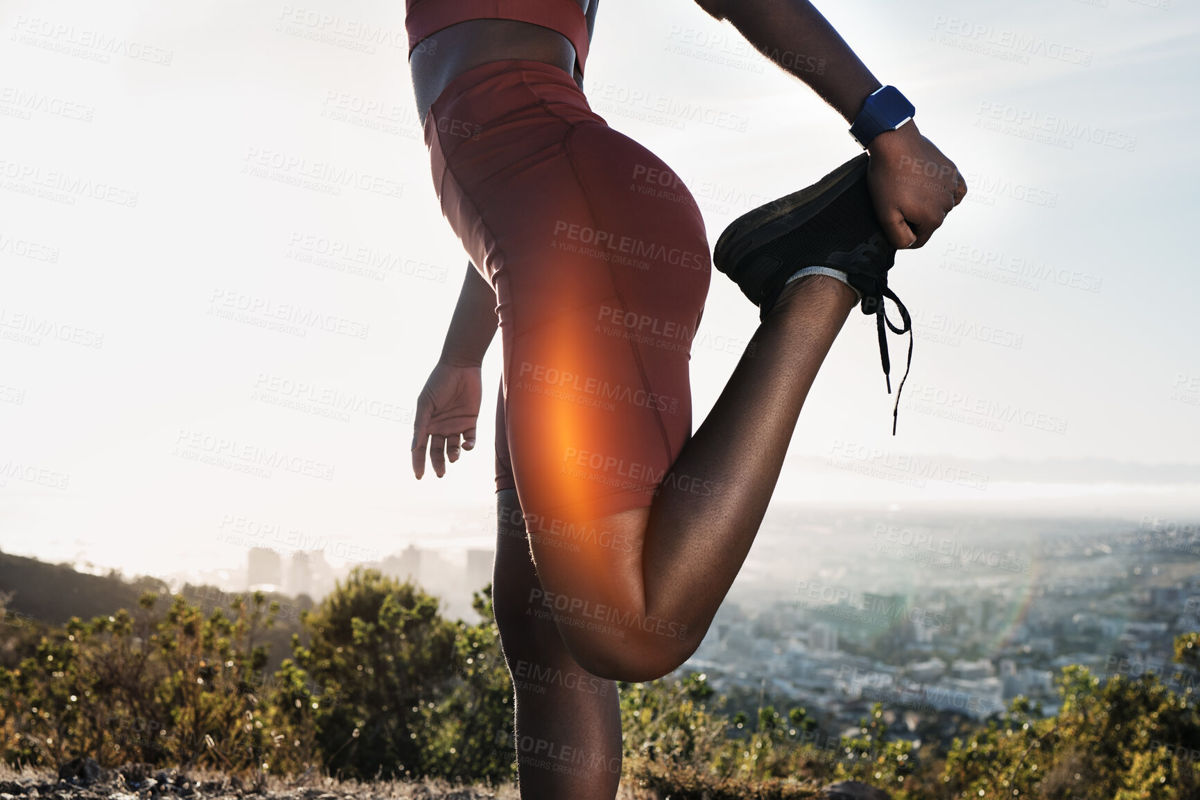 Buy stock photo Exercise, fitness and black woman stretching leg outdoors for health or wellness. Sports, training and female runner warm up, stretch and getting ready for running, jog or cardio workout for strength