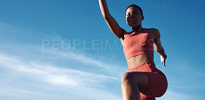 Buy stock photo Running, start and black woman on a blue sky for fitness, training and sports energy with mockup space. Motivation, exercise and portrait of an African runner stretching with a warm up in Jamaica