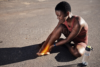 Buy stock photo Injury, running and black woman with foot pain, training accident and emergency after fitness in Morocco. Anatomy, inflammation and African runner with medical sprain in feet and street cardio strain