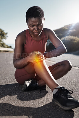 Buy stock photo Knee pain, black woman and road training accident with a runner in pain for leg injury outdoor. Running, exercise and fitness problem from joint pain from sports workout ready for physical therapy