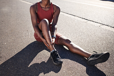 Buy stock photo Black woman, fitness and ankle pain, injury and outdoor accident, emergency and first aid risk in city street. Joint pain, bone health and foot trauma of athlete, sports wound and exercise problem 