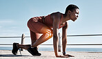 Black woman, fitness and runner with knee x ray in sports training, workout or exercise in the outdoors. Determined African American woman getting ready for running, race or sprint in motivation