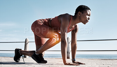 Buy stock photo Black woman, fitness and runner with knee x ray in sports training, workout or exercise in the outdoors. Determined African American woman getting ready for running, race or sprint in motivation