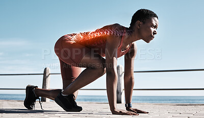Buy stock photo Start, running sports and black woman at beach getting ready for sprint, marathon or race. Spine x ray, training and female runner at seashore or promenade preparing for cardio workout or exercise.