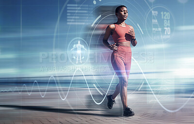 Buy stock photo Exercise, fitness and black woman running with futuristic hologram, overlay or double exposure for cardio health. Wellness, sports and female runner with ai for pulse or time for training or workout.