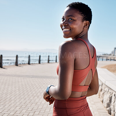 Buy stock photo Black woman, fitness or happy runner thinking of training goals, exercise or cardio workout targets in summer. Smile, wellness or healthy African sports girl at a beach for running, jog or exercising