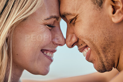 Buy stock photo Couple and interracial love, face and smile for support, freedom and relax quality time together outdoor. Partnership care, calm happiness and facial contact for peace and marriage solidarity