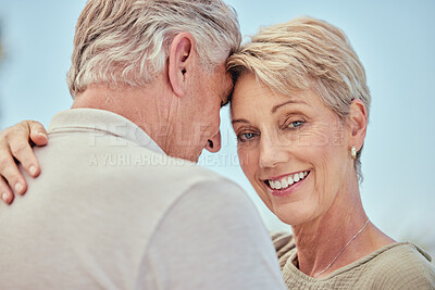 Buy stock photo Senior couple, smile and dance with marriage, commitment and strong relationship, hug and face with romance outdoor. Mature, man and woman with love, happiness and trust with support in retirement.