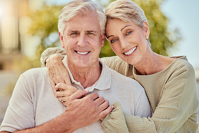 Buy stock photo Portrait, love and retirement with a senior couple hugging outdoor in nature together during summer. Happy, smile and park with an elderly man and woman pensioner bonding outside on a romantic date