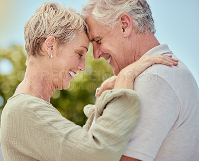 Buy stock photo Hug, elderly and couple with love and trust in marriage, retirement and quality time outdoor, park with nature and commitment. Life partner, care and comfort, happy and retired, man and woman profile